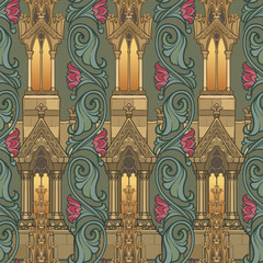 Medieval architectual elements. Seamless pattern in a style of a medieval tapestry or illuminated manuscript. EPS10 vector illustration