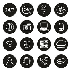 Nonstop Service or 247 Service Icons Freehand White On Black Circle