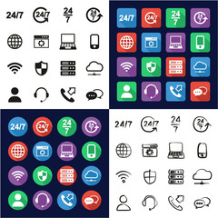 Nonstop Service or 247 Service Icons All in One Icons Black & White Color Flat Design Freehand Set