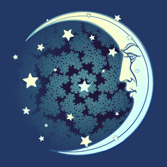 Decorative composition with stylized human faced moon and stars. Medieval gothic stylepicture. EPS10 vector illustration