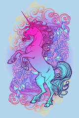 Rearing up Unicorn. Fantasy concept art for tattoo, logo. Colour drawing isolated on a colourful ornate composition of roses garland and curly clouds. EPS10 vector illustration.
