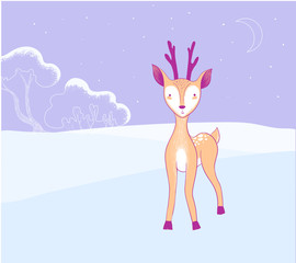 Obraz premium Cute baby deer in winter forest. Wildlife animal Illustration. Fawn
