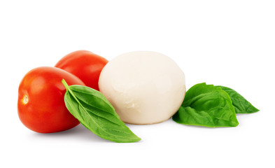 Mozzarella cheese with cherry tomatoes and basil on a white background