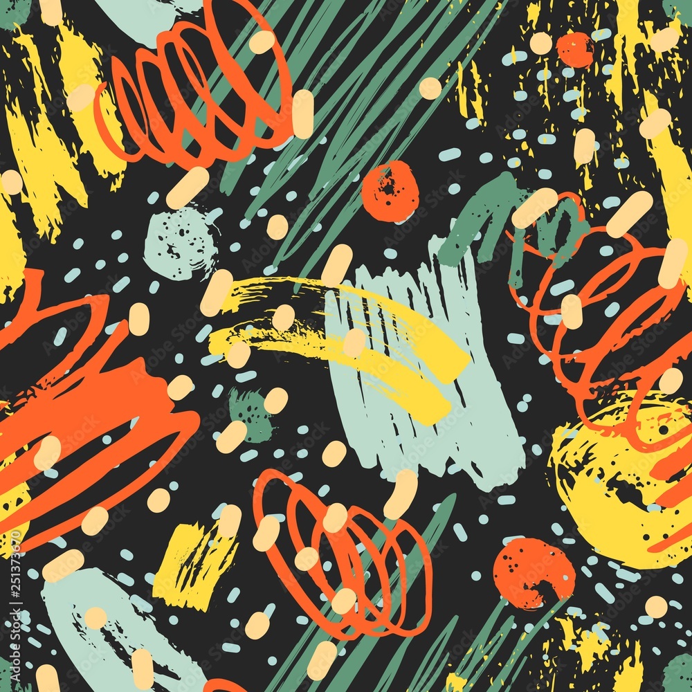 Poster modern seamless pattern with colorful paint traces and marks, brushstrokes, blotches on black backgr
