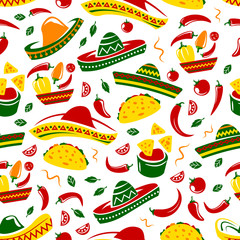 Mexican cuisine food and sombrero seamless pattern