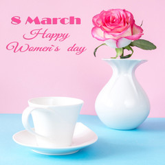 March 8 postcard congratulations on Women's Day framework spring holiday card with rose flower