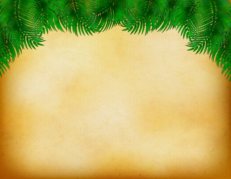 00 Pap&iacute;rTropical vintage background. Old paper with palm leafs frame. Horizontal backdrop. Space for the text.