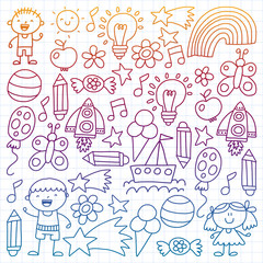 Children garden, Patern, Hand drawn children garden elements pattern, doodle illustration, Vector, illustration, Vertical,