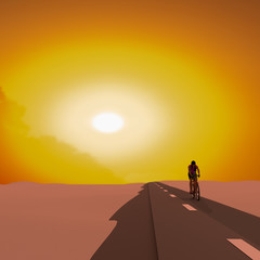 woman with a long shadow at sunset rides a bicycle on road on the sand , 3D rendering