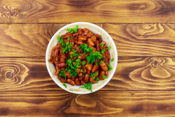Traditional georgian kidney beans dish lobio on wooden table
