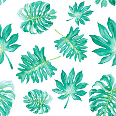 Seamless pattern with tropical flowers and leaves in watercolor style. Hand drawn tropical watercolor illustration. Use as background texture, wrapping paper, textile or wallpaper design, postcard.Han