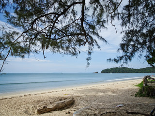 Beautiful coast with azure sea and white sand, Blue sky with cirrus clouds, Thailand.