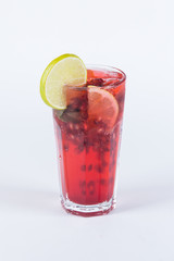 glass of cold drink with ice and lemon