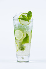 mojito cocktail with lime and mint isolated on white