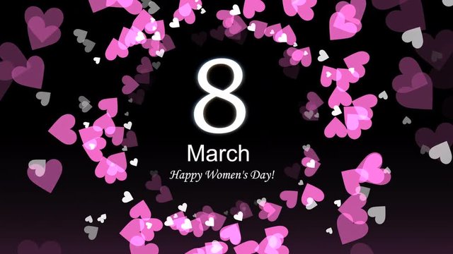 Happy Women's Day 8 March with colourful hearts on black pink gradient background. Women's day theme background