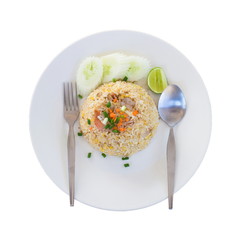 Top view of Thai fried rice with prawns isolated on a white background.