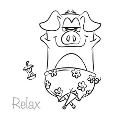 Vector illustration coloring page, a pig lies on the beach in shorts with flowers