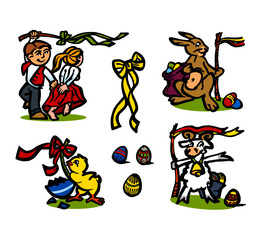 Easter egg hunt, chicken, bunny, lamb, easter eggs and ribbon, set of color icons