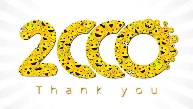 Thank you 2 000 followers logotype. Congratulating bright 2.000 networking thanks, net friends yellow symbol, 2000k sign with people faces. Isolated smiling numbers. Abstract graphic design template.