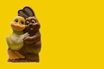 Easter card of chocolate bunny and duck.