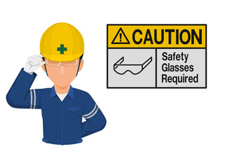 Industrial worker is presenting glasses sign