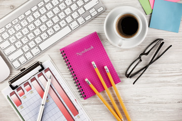 Items for business on a light background on the table, view from the top
