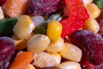 Homemade mixture of frozen vegetables, macro close-up background. Carrot, paprika, beans, green beans, onion and corn.