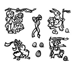 Easter egg hunt, chicken, bunny, lamb, easter eggs and ribbon, icon set black and white