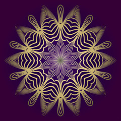 Fototapeta na wymiar Pattern Of Mandala. Vector Illustration. Modern Decorative Floral Color Mandala. Decorative Cicle Ornament. Floral Design. Purple gold color