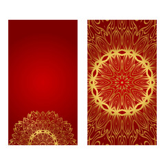 Ethnic Mandala Ornament. Templates With Mandalas. Vector Illustration For Congratulation Or Invitation. The Front And Rear Side. Luxury red, gold color