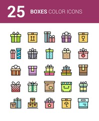 25 Color vector box icons with ribbons for web site and mobile design. Package, gift, present, happy birthday, party box icons set