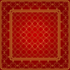 Design Of A Scarf With A Geometric Pattern . Vector Illustration. For Print Bandana, Shawl, Carpet, Tablecloth, Bed Cloth, Fashion. Red gold color