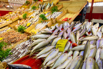 Bostanli / Izmir / Turkey, February 20, 2019, Bostanli fish market bazaar (Bospa)