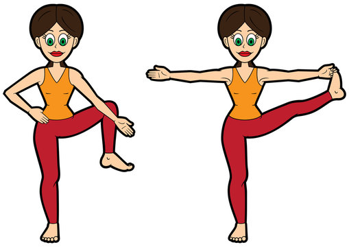 Yoga asana set extended hand to big toe pose/ Illustration cartoon girl doing utthita hasta padangustasana variations 