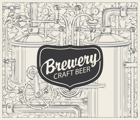 Vector banner for craft beer and brewery, with a calligraphic inscription on the background illustration of the production line of the old brewery in retro style
