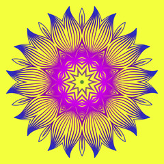Round Pattern Flower Mandala. Circle Floral Ornament. Legend Decorative Vector Illustration. Yellow purple color