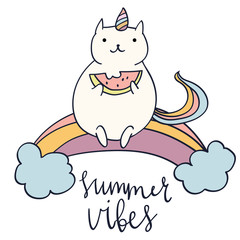 Cute sweet Cat Unicorn sitting on rainbow with watermelon slice vector art. Naive sketch childish nursery sticker hand drawn illustration. Graphic design tee print. Lettering phrase Summer Vibes.