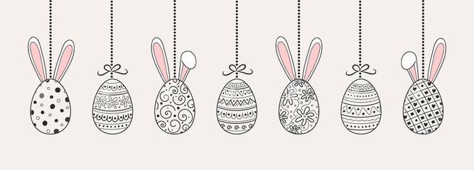 Beautiful hanging Easter eggs with bunnies. Vector