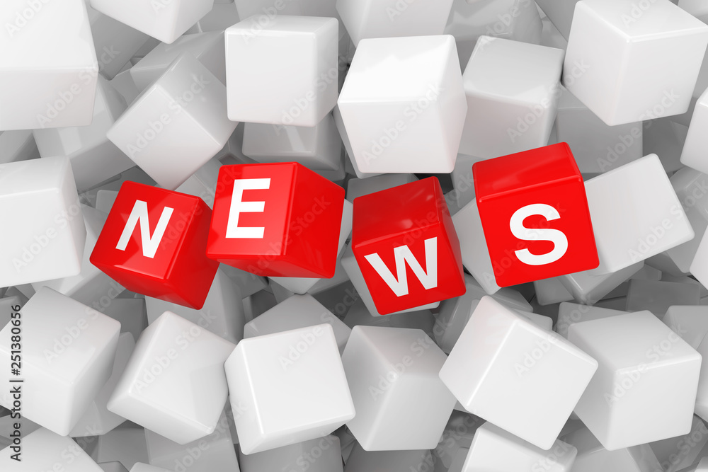 Aufkleber Red News Cubes in Heap of White Blank Cubes. 3d Rendering