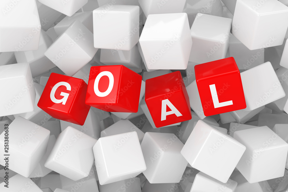 Poster red goal cubes in heap of white blank cubes. 3d rendering