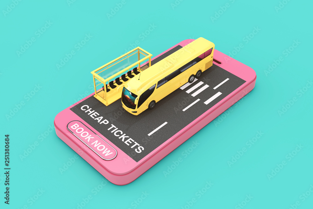 Poster big yellow coach tour bus with bus station over mobile phone with cheap tickets sign and book now bu