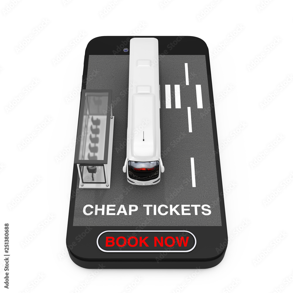Poster big white coach tour bus with bus station over mobile phone with cheap tickets sign and book now but