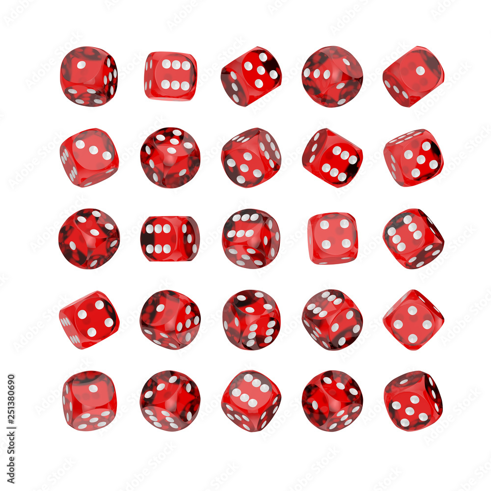 Poster casino gambling concept. set of red glass game dice cubes in differetn position. 3d rendering