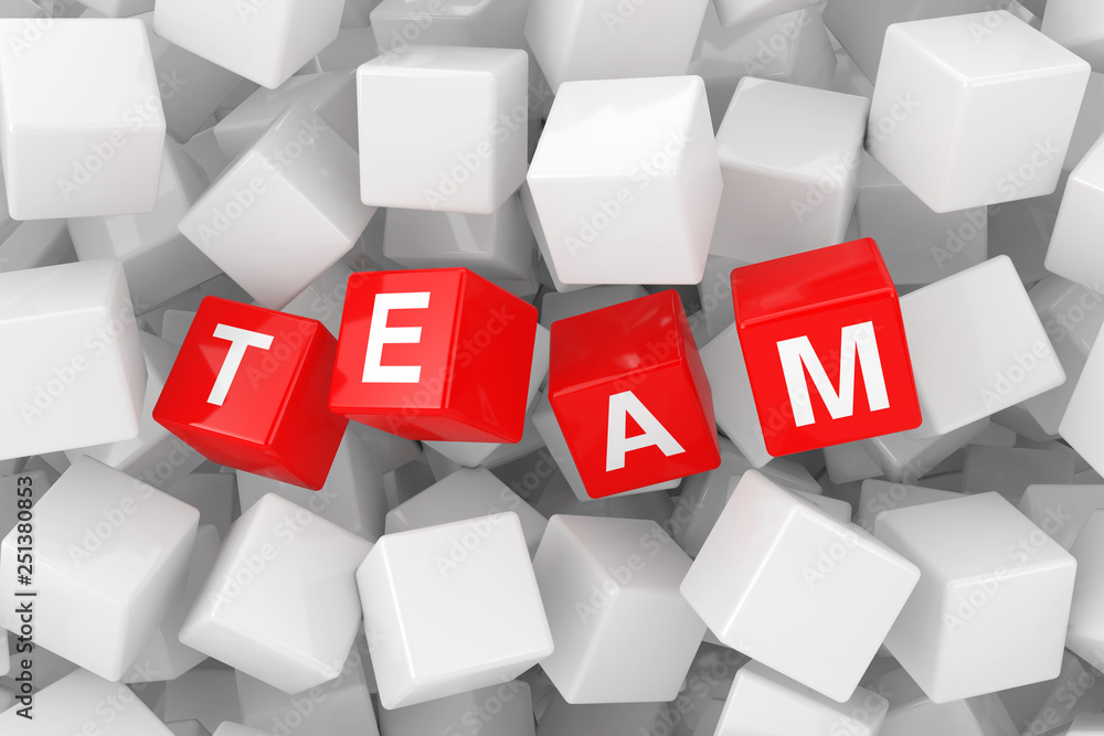 Aufkleber Red Team Cubes in Heap of White Blank Cubes. 3d Rendering