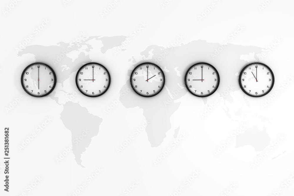 Poster Set of Clocks with Different World Time with World Map. 3d Rendering