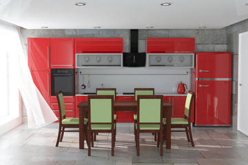 Table and Chairs in Front Of Modern Red Kitchen Furniture with Kitchenware Interior. 3d Rendering