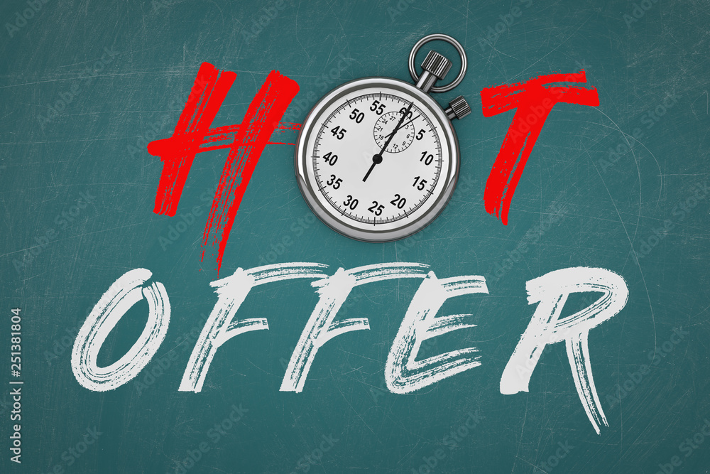 Poster stopwatch with hot offer sign. 3d rendering