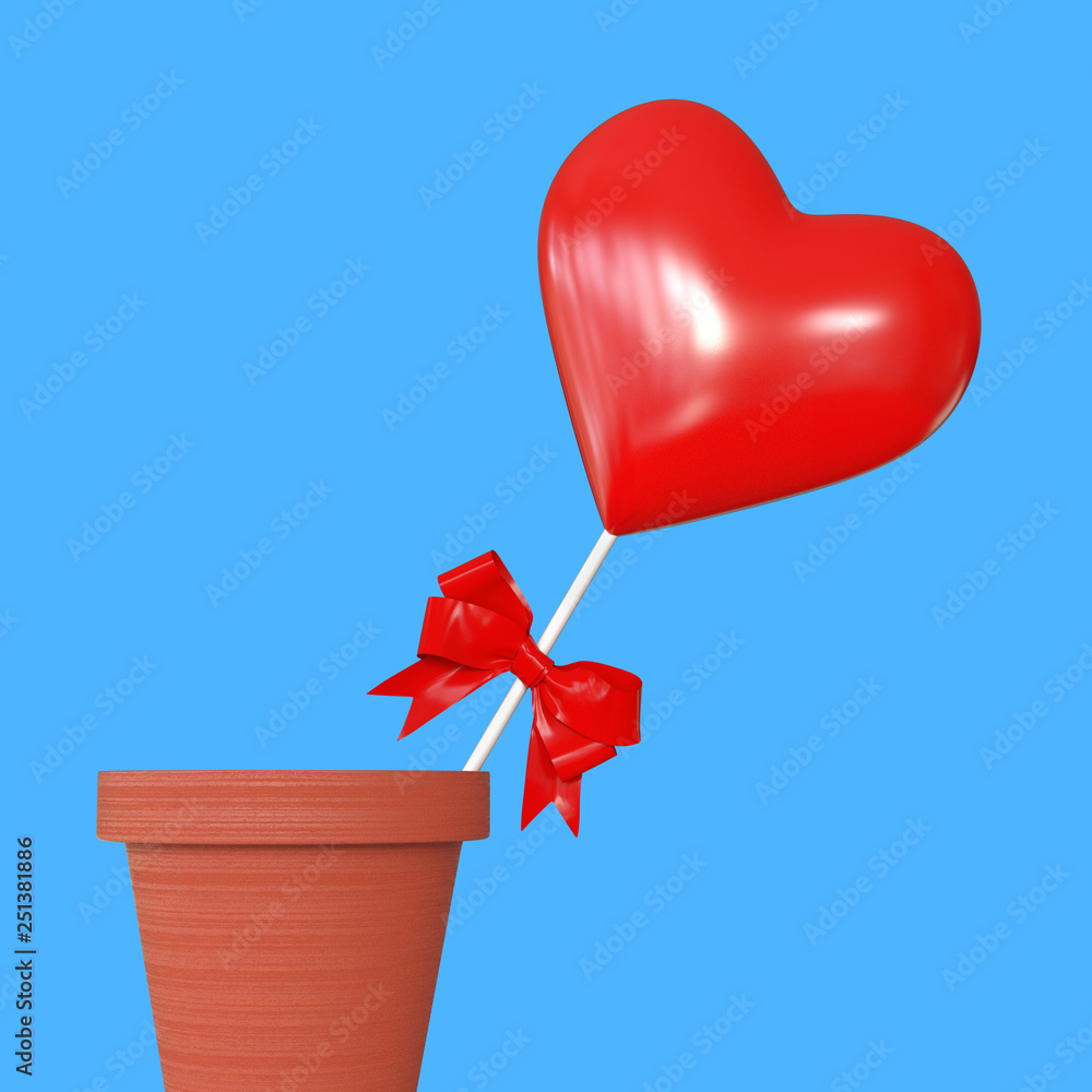 Aufkleber red heart with red ribbon in flowers pot. 3d rendering