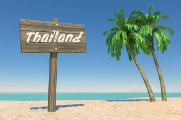 Tourism and Travel Concept. Wooden Direction Signbard with Thailand Sign in Tropical Paradise Beach with White Sand and Coconut Palm Trees. 3d Rendering