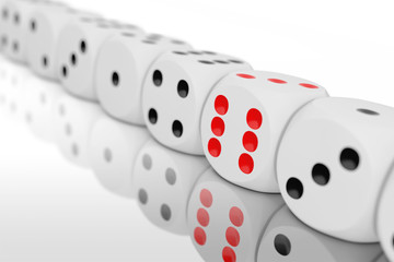 Casino Gambling Concept. Row of White Game Dice Cubes. 3d Rendering